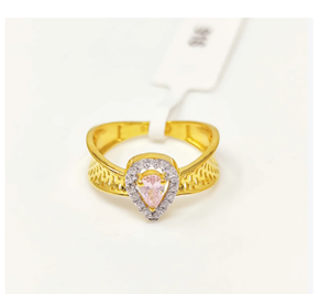 Bague en or massif 22 carats avec pierre rose pour femme, élégante, en zircone taille poire, or 916 pur avec bande en filigrane, bijoux fins - Product Image 1