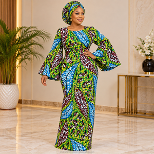 <b>Green</b> Blue Luxury African Wax Print Ankara Fabric Leaf Pattern for Women Dressmaking - Product Image 2