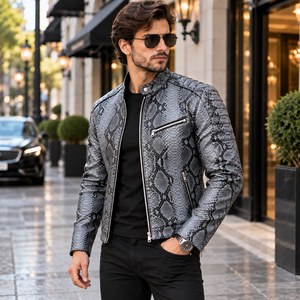 Mens Embossed Silk Lining Breathable Winter Python Print Genuine Leather <b>Biker</b> <b>Jacket</b> - Product Image 6