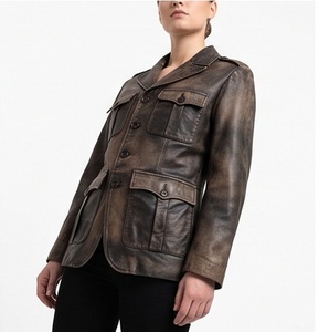 Wholesale Vintage Distressed <b>Leather</b> Safari <b>Jacket</b> Women's Multi-Pocket Cargo Moto Coat Custom Western Outwear Supplier - Product Image 2
