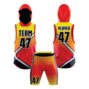 ชุดกีฬาผู้ชายทีม 47 ลายพิมพ์แบบซับลิเมชั่น แห้งเร็ว สีแดง เหลือง ส้ม  เสื้อกั๊กมีฮู้ดเอวกลาง ระบายอากาศได้ดี พร้อมกางเกงขาสั้น - Product Image 1
