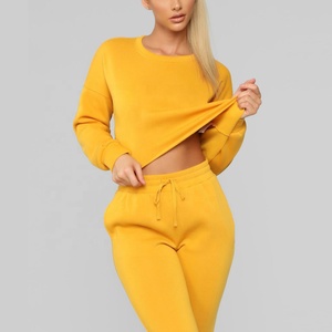Women Yellow Crew Neck Full Sleeve Solid Color Casual <b>Tracksuit</b> With Drawstring Waist And Side Pockets Regular Fit Autumn Wear - Product Image 1