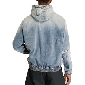 Chaqueta con capucha de mezclilla con cremallera y diamantes de imitación rasgada de lavado vintage de peso pesado personalizada de fabricante con capucha para hombre - Product Image 3
