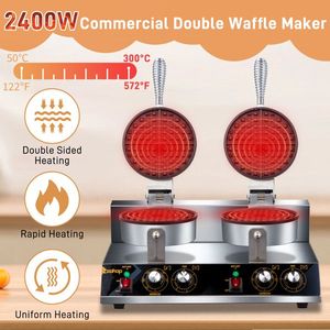 Macchina per Waffle Belgi Doppia da 2400W, Antiaderente, 110V, in Acciaio Inox, per Uso Domestico, Alberghiero e All'aperto - Product Image 3