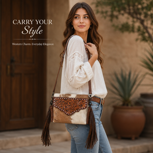 Sac à bandoulière en cuir de vachette pleine fleur Western, orné de motifs floraux et de franges, sac à main en cuir véritable pour femme - Product Image 2