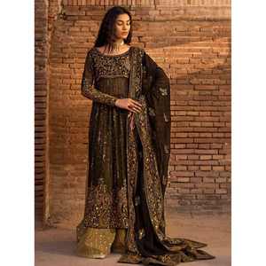 Vestido de Diseñador con Bordado de Hilo Georgette y Dupatta Negro - Product Image 1