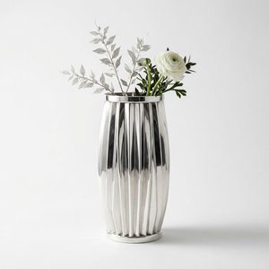 Florero de Latón y Acero Inoxidable Hecho a Mano de 25 cm, Pulido a Espejo, Plateado, con Diseño de Abanico Plegado, para Decoración del Hogar, Hoteles, Bodas, Mesa - Product Image 1