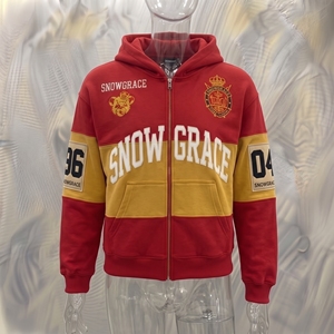 Sweat-shirt à capuche zippé pour homme Snowgrace, coupe ample, color block, streetwear, rouge jaune, coton French Terry, vêtements d'automne - Product Image 2