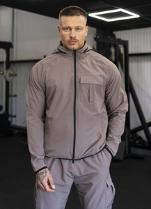 Ensemble de survêtement à capuche pour homme, gris uni, en polyester tricoté, vêtements décontractés d'extérieur, veste et pantalon respirants et coupe-vent pour l'automne - Product Image 3