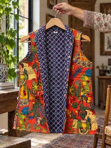 Farida Print Cotton Quilted Vest | Handmade Quilted Floral <b>Women</b>’s <b>Jacket</b> | Boho <b>Sleeveless</b> Layering Outerwear <b>Jacket</b> - Product Image 5