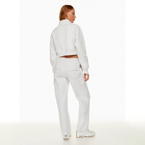 Trendy Women's Light Gray Fleece Cargo Joggers Mid Waist Loose Fit Full Length Solid Color Casual Autumn Pants With Pockets - Product Image 2