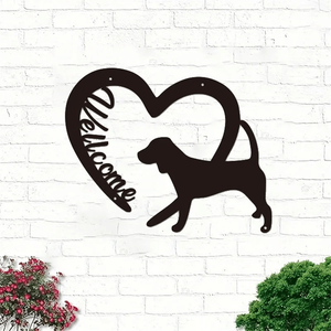 Insegna di benvenuto rustica in metallo stile farmhouse con ritagli a forma di cuore e cane per decorazioni da veranda, giardino, cortile - Decorazione da parete - Product Image 1