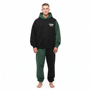 Conjunto de Sudadera con Capucha y Pantalones Deportivos de Dos Tonos para Hombre, Contraste Negro y Verde, Manga Larga, Corte Holgado, Informal, con Bolsillo Lateral - Product Image 3