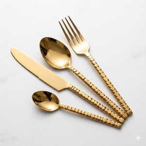 Ensemble de couverts en acier inoxydable de luxe, finition diamant dorée |   Service de couverts royaux texturés à 4 pièces pour mariages, hôtels et restaurants haut de gamme - Product Image 2
