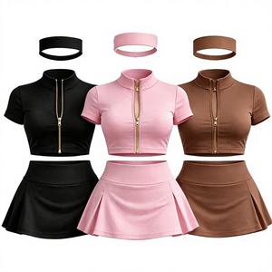 Ensemble de sport trois pièces pour femme 2026 avec logo personnalisé, fermeture éclair colorée, veste moulante, short de tennis et jupe – Tenue de sport - Product Image 2