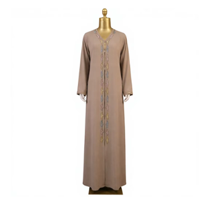 Robe Abaya Musulmane Personnalisée Beige Unie Brodé Sans Manches pour Femme, Modeste, Islamique, Longue, Fabricant OEM ODM, 100% Polyester Crêpe - Product Image 2