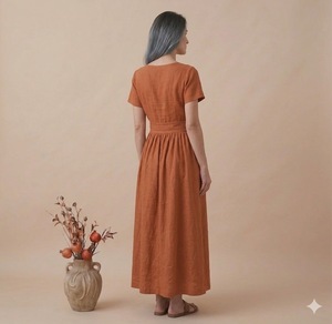 Vestido Maxi de Algodón de Corte Recto con Cuello en V y Mangas Cortas, Diseño Liso, Bolsillos Utilitarios, Largo hasta el Suelo, Holgado, Casual, para Uso Diario de Mujer - Product Image 4