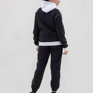 Ensemble de survêtement pour femmes, à capuche, manches longues, couleur unie, noir et blanc, décontracté, pour l'automne, respirant, 100% coton, coupe ample - Product Image 2