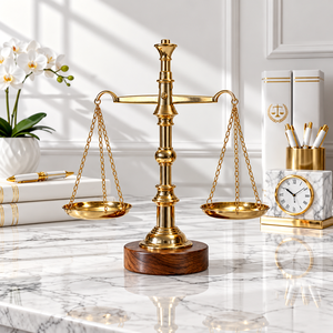 Balance décorative en laiton avec base en bois, symbole de la justice, pièce maîtresse, finition dorée polie pour bureau - Product Image 1