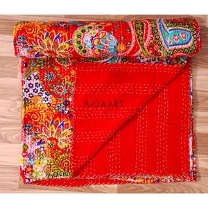 Couvre-lit Kantha fait main à l'impression Jaipuri, 100% coton, imprimé à la main, motif floral, poids du tissu 220g, origine Rajasthan - Product Image 3