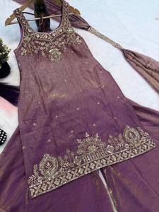 Purple Traditional Indian Pakistani Wedding <b>Dress</b> Women Floor-Length Polyester Embroidered Loose Fit Set - Product Image 3