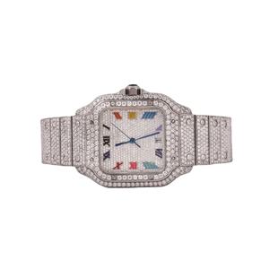 Montre de luxe pour homme en acier inoxydable avec moissanite, boîtier carré, mouvement mécanique ETA, affichage analogique, chiffres romains, fermoir caché à bouton-poussoir - Product Image 1