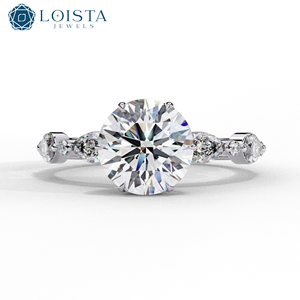 Lab Grown Round <b>Solitaire</b> Diamond Engagement <b>Ring</b> with Marquise Side Stones in 925 <b>Silver</b> Custom Jewelry Manufacturer - Product Image 1