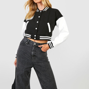 Wholesale Customized <b>Women's</b> Varsity Crop <b>Jackets</b> Top Selling Breathable <b>Leather</b> Sleeves Button Closure Crop Style <b>Jackets</b> - Product Image 6