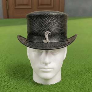 Premium quality custom made Handmade Black Leather <b>Top</b> Hat Gothic Steampunk with Metal Emblem Cosplay Festival Style - Product Image 3