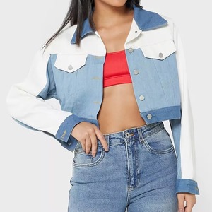 Women Two-Tone <b>Denim</b> <b>Jacket</b> Blue White Color Block Casual <b>Cropped</b> Button-Up Outerwear Spring Cotton Woven - Product Image 1