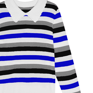 Women's Striped Long Sleeve Pullover <b>Sweater</b> Turn-Down Collar Nautical Style 100% Acrylic Full Sleeve Regular Fit All Seasons - Product Image 2