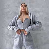 Ensemble de survêtement gris oversize pour femme, léger, avec haut court corset à capuche, pantalon de jogging, fermeture éclair manches longues, couleur unie, décontracté