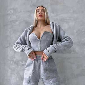 Ensemble de survêtement gris oversize pour femme, léger, avec haut court corset à capuche, pantalon de jogging, fermeture éclair manches longues, couleur unie, décontracté - Product Image 1