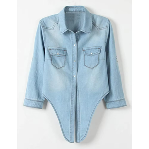 Vestes en jean pour femmes de couleur personnalisée, tendance, avec laçage sur le devant, manches retroussées, poches poitrine, vêtements décontractés pour femmes, services OEM - Product Image 3