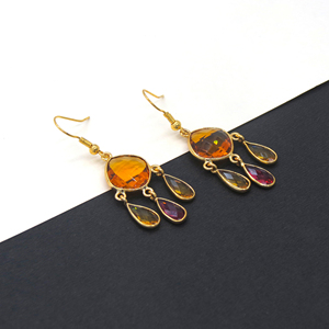 Boucles d'oreilles pendantes bohèmes faites à la main en citrine rose fuchsia multi-pierres précieuses |   Mariage |   Laiton plaqué or 18 carats sans nickel - Product Image 3