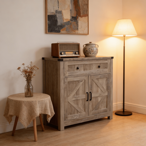 Mobiletto/Credenza Grigio Chiaro in Legno Lavato Stile Rustico con Ante Scorrevoli, Cassetto e Bar Caffè per Cucina e Soggiorno - Product Image 3