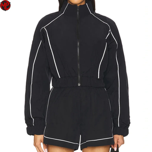 Conjunto Deportivo de Chaqueta y Pantalones Cortos para Mujer, con Cierre, Diseño de Rayas en Contraste, Ropa Deportiva Informal de Dos Piezas - Product Image 5