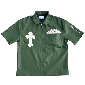 Chemise décontractée pour homme en cuir PU tressé respirant, grande taille, avec fermeture éclair et patch brodé, manches courtes, col montant, collection hiver 2026 - Product Image 4