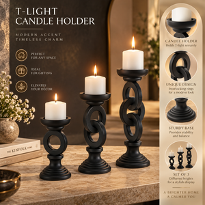 Decorative <b>Black</b> <b>Candle</b> <b>Holder</b> Set of 3 with Linked Ring Design for Table Decor | Modern Pillar <b>Candle</b> Stands for Home and Gifts - Product Image 4