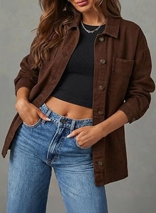 Brown <b>Canvas</b> Shirt <b>Jacket</b> Turn-down Collar Button Front Casual Style Loose Fit Autumn Wear Unisex Regular Sleeve - Product Image 5