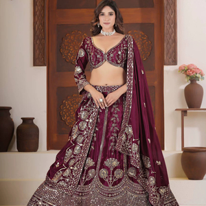 Ramdev Trading Butterfly Net Lehenga Choli Bleu marine Blanc ivoire Vin traditionnel Mariage Célébrations festives Recyclé - Product Image 1