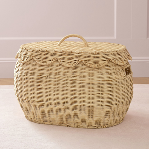 Luxury Oval Scalloped <b>Lid</b> Rattan Toy Storage <b>Basket</b> Spacious Children's Bedroom Clothes Hamper Kids Room Furniture Wholesale - Product Image 1