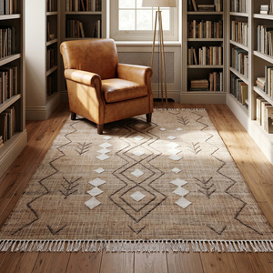 Tapis moderne en jute beige tissé à la main, antidérapant, motif géométrique tribal en losanges, avec franges texturées, pour salon et chambre à coucher - Product Image 5