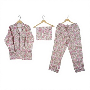 Conjunto de Pijama Floral de Algodón Transpirable de Cintura Alta para Mujer con Estampado de Bloques y Cintura Elástica - Ropa de Dormir para Primavera/Verano/Otoño/Invierno - Product Image 1