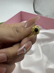 Vintage Flower Black Onyx <b>Cocktail</b> <b>Ring</b> 18K <b>Gold</b> Plated Brass Women's Statement Jewelry Party Floral Design - Product Image 4