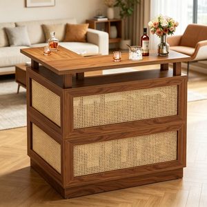 Tavolo da Bar Vintage in Legno e Rattan con Piedi Regolabili per Casa, Feste, Ristoranti, Hotel, Giardini Esterni - Product Image 4