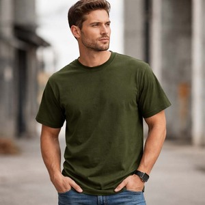 T-shirt homme vert olive uni en coton, col rond, manches courtes, logo personnalisé, streetwear - Product Image 3