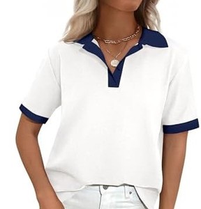Camiseta Polo Blanca para Mujer con Contraste Azul Marino, Manga Corta, Casual, Largo Regular, Color Sólido, Transpirable, Tela Oxford, ODM - Product Image 4