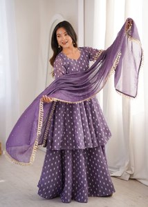Conjunto de Salwar Kameez y Dupatta de Lino Estampado Morado, Corte Regular, Traje Étnico para Mujer, para Bodas, Fiestas y Uso Casual - Product Image 3