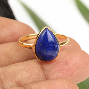 แหวนเงินสเตอร์ลิง925 10X14มม. รูปลูกแพร์ Lapis Lazuli ชุบทอง18K แหวนมินิมอลลิสต์ - Product Image 1